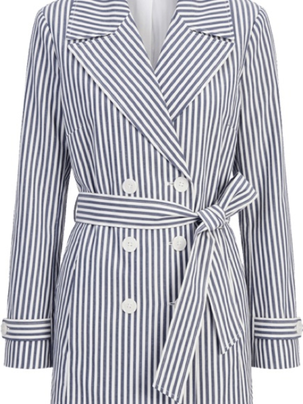 Tahari ASL Seersucker Blue & White Striped Double-Breasted Belted Blazer
